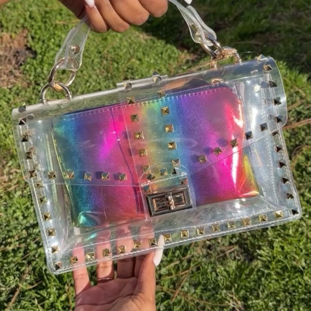 Clear Holographic Studded Top-Handle Bag - Rainbow